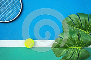 Summer sport concept with green monstera leaf and tennis ball, racquet on white line on hard tennis court