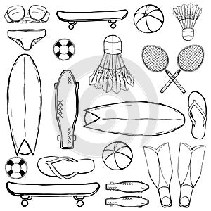 Summer sport equipment. Black outline icons set on neutral background. Swimsuit, balls, shuttlecocks, surfs, skateboards, lifebuoy