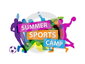 `SUMMER SPORTS CAMP` banner with silhouettes taking part in various sports