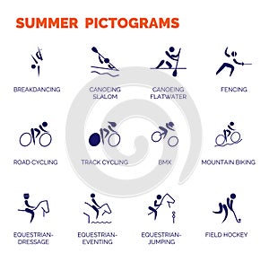 Summer sports icons. Vector isolated pictograms with the names of sports disciplines