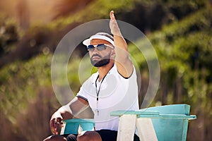 Summer, sports and a volleyball referee on the beach in a chair for authority, rules or regulations during a game