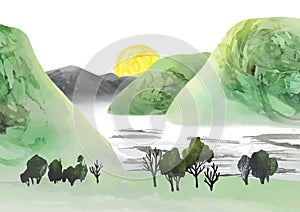 Summer or spring background, panoramic countryside landscape with sunrise. Watercolor vector Illustration with trees, river and