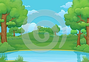 Summer, spring day background. Lake or river with lush green trees and bushes.