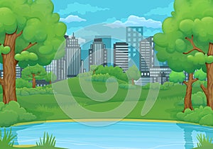 Summer, spring day background. Lake or river with lush green trees and bushes. Green meadows and city in the background