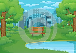 Summer, spring day illustration. Wooden bench by the lake with lush green bushes and trees. Cityscape in the background