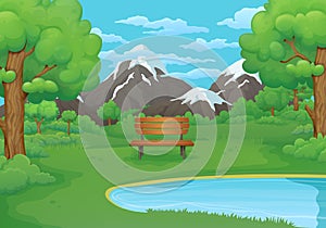 Summer, spring day illustration. Wooden bench by the lake with mountains in the background.