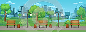 Summer, spring day park vector illustration. Wooden benches, trash bins and street lamps on a park trail with lush green trees,