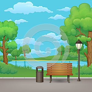 Summer, spring day park. Wooden bench, trash bin and street lamp with a lake in the background.