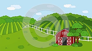 Summer or spring farm doodle concept in countryside. Cartoon vector cute Red barn with open doors, white fence and clouds, green