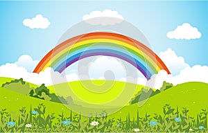 Summer Spring Green Valley Rainbow Outdoor Landscape Illustration