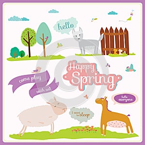 Summer or spring illustration with funny animals