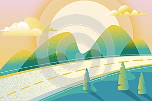 Summer or spring landscape, vector illustration. Road in green valley, mountains, hills, trees, clouds and sun on sky.
