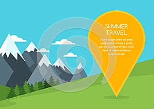 Summer or spring mountains landscape, vector background. Pin mapping mark with place for text. photo