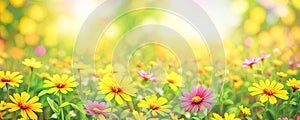 Summer spring natural flower background banner. Wildflowers on bright sunny day with beautiful bokeh. Sunny garden in sunlight on