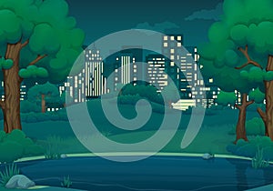 Summer, spring night vector illustration. Lake or river with lush green trees and bushes. Cityscape in the background.