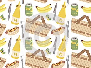 Summer and Spring Picnic seamless pattern. Fresh fruits, mustard, basket, sandwiches. Food and Drinks illustration.