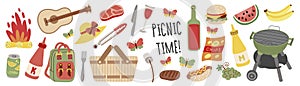 Summer and Spring Picnic set. Delicious Snack. Fresh vegetables and fruits, sandwiches. Food and Drinks illustration.