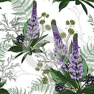 Summer spring seamless pattern with violet lupines paradise flowers, fern and herbs.