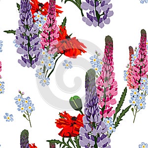 Summer spring wild lupines pink, violet flowers, red poppy and blue forget-me-not flowers.