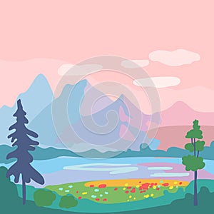 Summer square poster with a mountain landscape and a forest clearing. Green trees and meadow with red flowers. Sunset