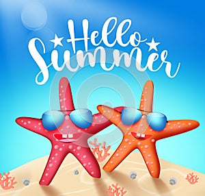 Summer starfish character vector banner design. Hello summer text with cute and friendly star fish tropical characters in beach