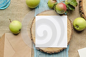 Summer stationery mockup scene with with apples, blue runner, on a beige background in rustic style and natural. Mockup card for