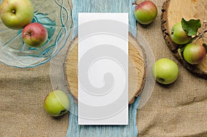 Summer stationery mockup scene with with apples, blue runner, on a beige background in rustic style and natural. Mockup menu for