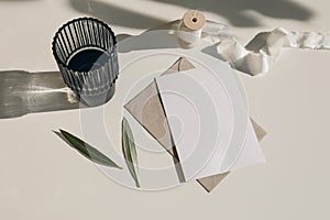 Summer stationery still life scene. Glass, cocktail, olive tree leaves in sunlight. Long shadows overlay. Beige table