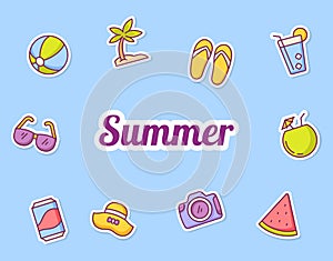 Summer sticker icon icons set collection package blue isolated background with color outline style