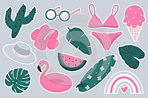 Summer sticker set with cactus, swimwear, surfboard, rainbow, tropical leaves and flowers, ice cream, hat, eye glasses, watermelon