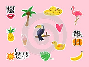Summer stickers collection on pink background. Cute doodle design elements for cards, posters, party invitation. Summer party set