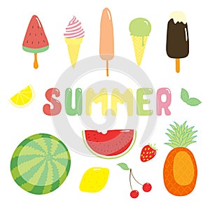 Summer stickers ice cream and fruits