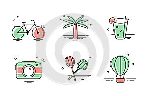 Summer stickers and icons. Summer set: outdoor sports, outdoor recreation, beach. Stylish offline icons in flat style.