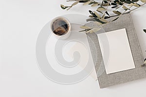 Summer still life. Cup of coffee, blank greeting card mockups with vintage book. Olive tree branch isolated on white