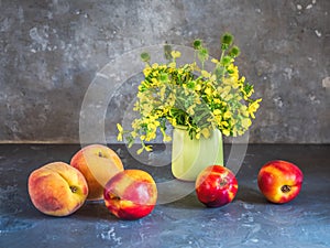 Summer still life with yellow colza and fruits, pensions and nectarines