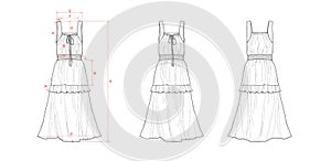 Summer strap A-line midi dress with elastic waist, flat sketch, front and back views, with measurement guide