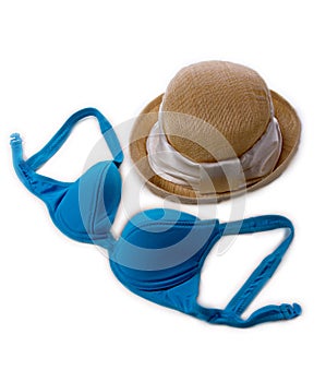 Summer straw hat and blue bikini bra
