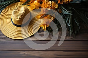Summer straw hat and tropical palm leaves on wooden background. Tourism concept. Top view, space for text