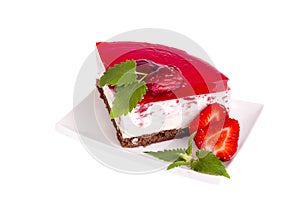 Summer strawberry mousse cake with fresh berries on white background.