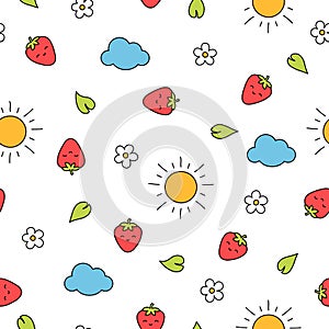 Summer strawberry seamless pattern with blossoms and sun