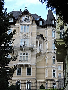 Summer street with old house in Karlovy Vary, Czech Republic