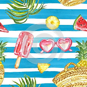 Summer stripe beach print with fresh ftuits and tropical plants. Watercolor seamless pattern with blue stripes
