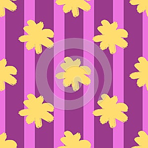 Summer style seamless botanic patetrn with doodle yellow flower bud shapes. Purple striped background