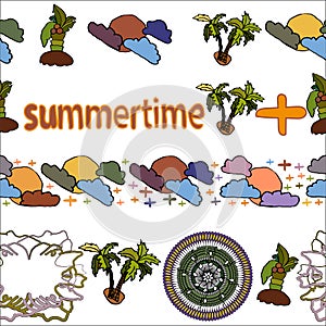 Summer and summertime motif. Endless seamless vector brushes four pieces.