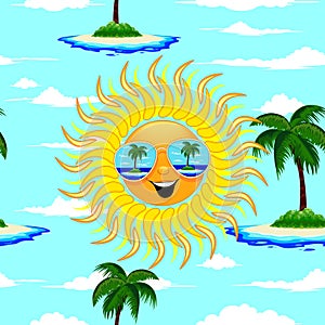 Summer Sun Cartoon with Sunglasses Beach Reflections Seamless Pattern Vector Illustration