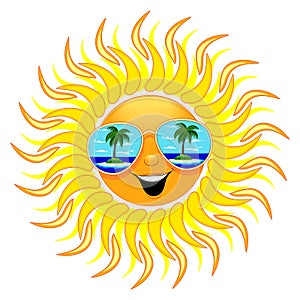 Summer Sun Cartoon with Sunglasses Beach Reflections Vector Illustration