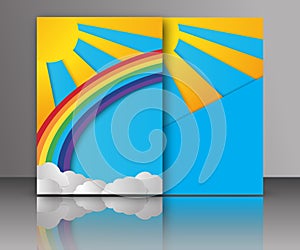 Summer sun with clouds and rainbow background. Paper cut style