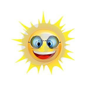 Summer with sun face character smiling. Cartoon sun smiling with trend sunglasses. Vector 3d illustration