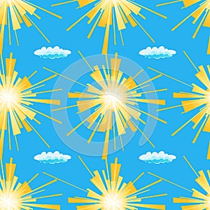 Summer sun seamless pattern. Vector illustration of yellow suns and clouds on a blue background.