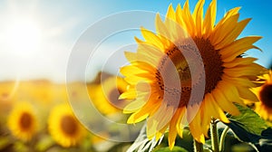 Summer sunflower banner with blurred nature background for horizontal agriculture promotion